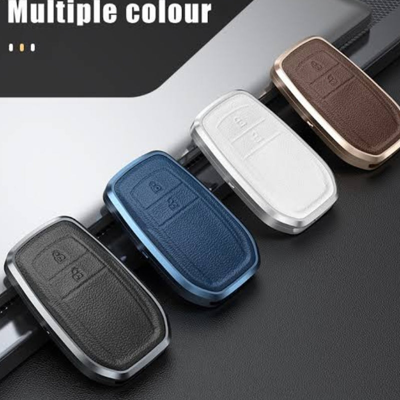 Innova Crysta/Hycross 2 Button New Key Exclusive Aluminium Alloy Leather Keycase with Holder & Rope Chain