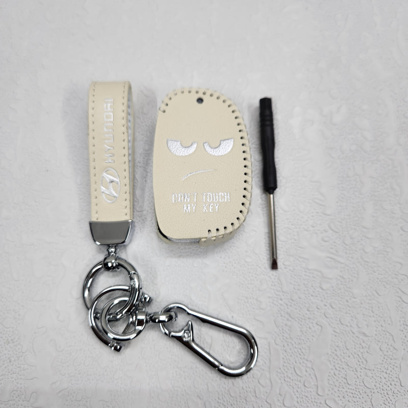 Hyundai i20/Creta Flip Key Luxury Pure Handmade Oilwax Leather Keycase with Logo, Caption, Hook, and Chain