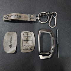Hyundai Alcazar/Creta/i20 (4 Button Key) Metal Alloy Leather Keycase with Holder & Rope Chain