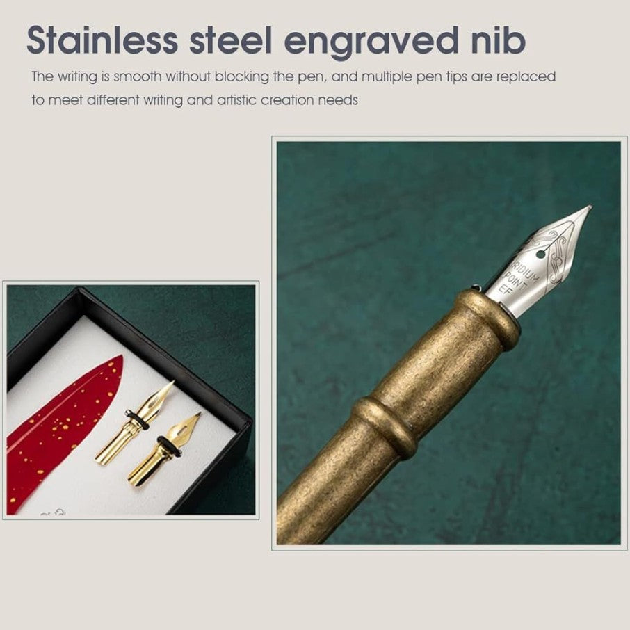 Vintage Carving Glittering Quill Pen Set Antique Calligraphy set Writing Dip Pen with Black Ink, 2 Replacement Nibs, Pen Stand Base, Luxury Signature Pen.