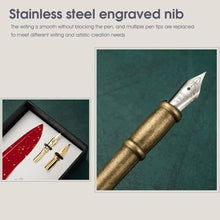 Load image into Gallery viewer, Vintage Carving Glittering Quill Pen Set Antique Calligraphy set Writing Dip Pen with Black Ink, 2 Replacement Nibs, Pen Stand Base, Luxury Signature Pen.