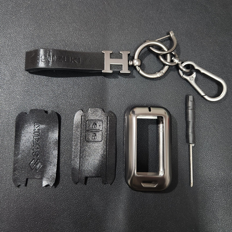 Suzuki 2 Button Key (Baleno, Brezza, S Cross, Swift, Ignis) Luxury Metal Alloy Leather Keycase with Holder & Rope Chain