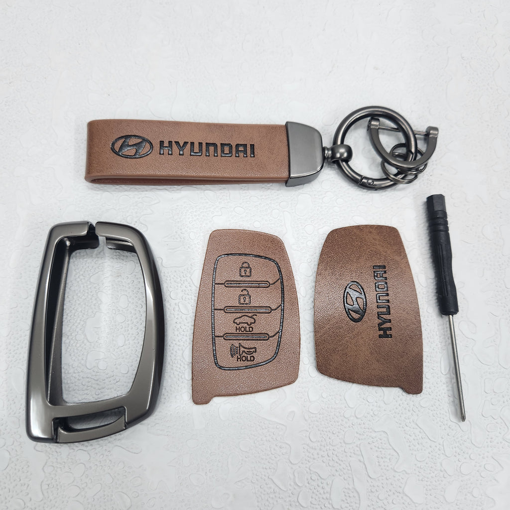 Hyundai Creta/Venue/i20 (4 Button Key) Metal Alloy Leather Keycase with Holder & Rope Chain