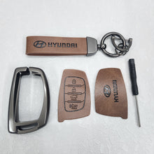 Load image into Gallery viewer, Hyundai Creta/Venue/i20 (4 Button Key) Metal Alloy Leather Keycase with Holder &amp; Rope Chain