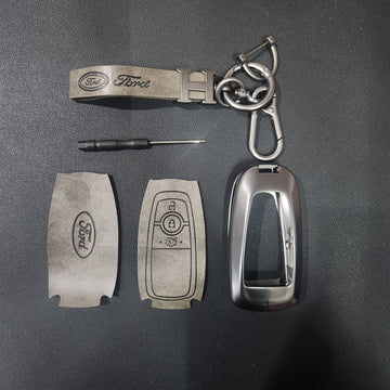 Ford (3 Button) New Key Luxury Metal Alloy Leather Keycase with Holder & Rope Chain