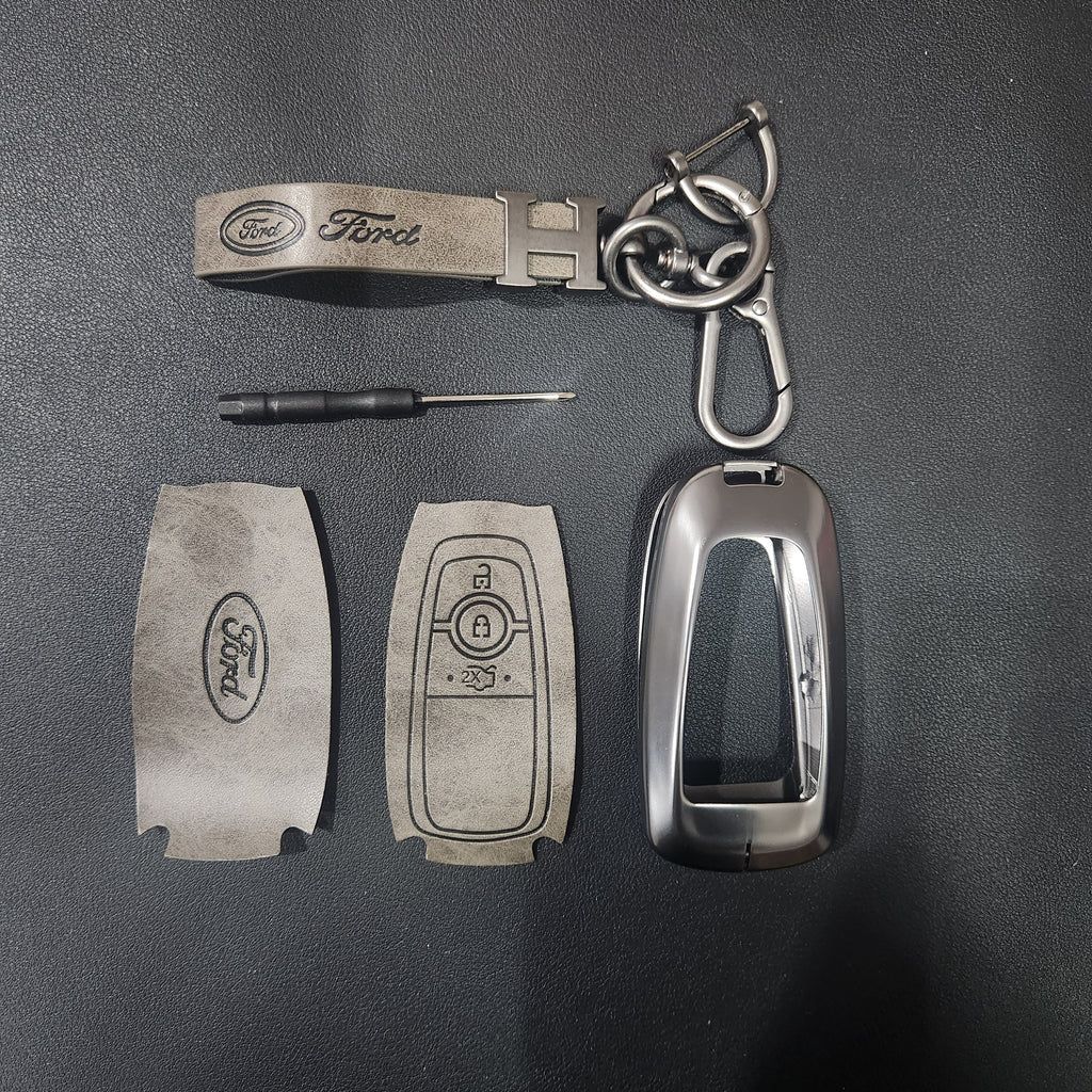 Ford (3 Button) New Key Luxury Metal Alloy Leather Keycase with Holder & Rope Chain