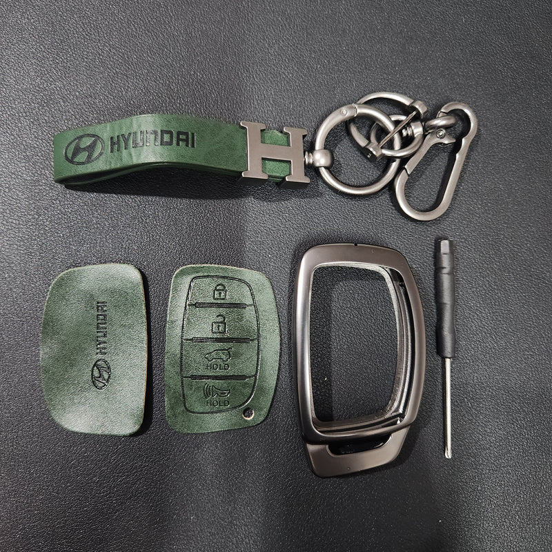 Hyundai Creta/Venue/i20 (4 Button Key) Metal Alloy Leather Keycase with Holder & Rope Chain