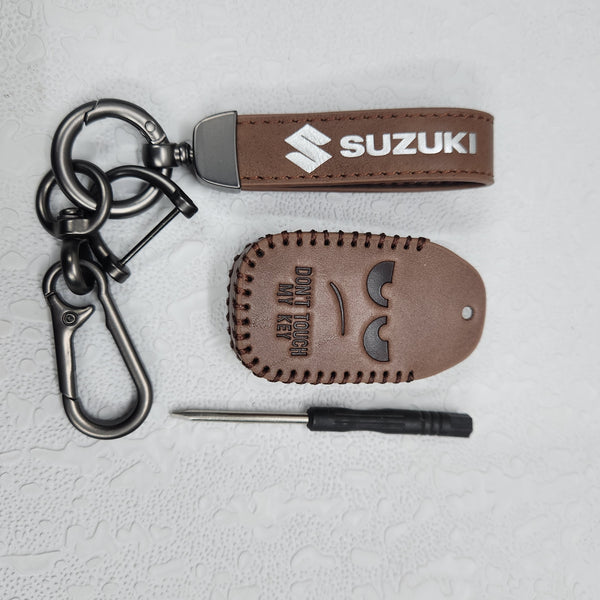 Suzuki Swift/Baleno/Ignis/Scross 2 Button Key Luxury Pure Handmade Oilwax Leather Keycase with Logo, Caption, Hook, and Chain