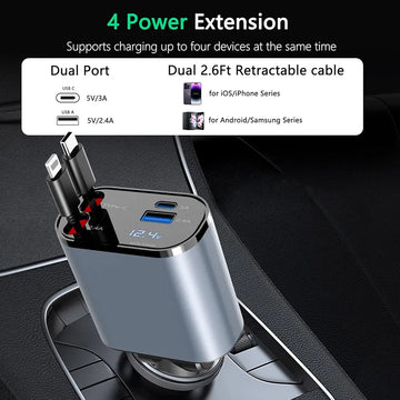 5in1 Fast USB C Car Charger 120W with Dual Retractable Cable Dual USB Ports, Voltage Display Car Charger
