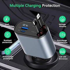 5in1 Fast USB C Car Charger 120W with Dual Retractable Cable Dual USB Ports, Voltage Display Car Charger