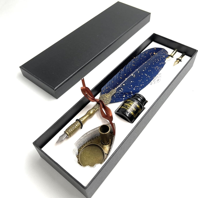 Vintage Carving Glittering Quill Pen Set Antique Calligraphy set Writing Dip Pen with Black Ink, 2 Replacement Nibs, Pen Stand Base, Luxury Signature Pen.