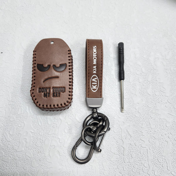 Kia Facelift New 4 Button Key Luxury Pure Handmade Oilwax Leather Keycase with Logo, Caption, Hook, and Chain