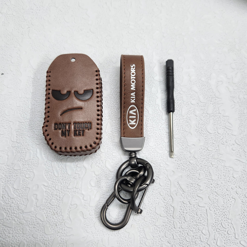 Kia Facelift New 4 Button Key Luxury Handmade Oilwax Leather Keycase with Logo, Caption, Hook, and Chain
