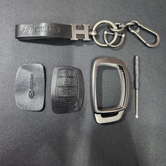 Hyundai Creta/Venue/i20 (4 Button Key) Metal Alloy Leather Keycase with Holder & Rope Chain