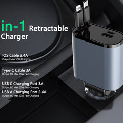 5in1 Fast USB C Car Charger 120W with Dual Retractable Cable Dual USB Ports, Voltage Display Car Charger