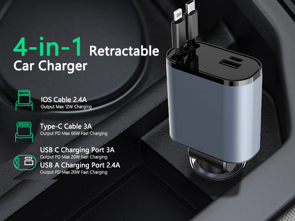 5in1 Fast USB C Car Charger 120W with Dual Retractable Cable Dual USB Ports, Voltage Display Car Charger