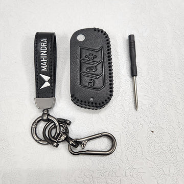 Mahindra XUV700,Scorpio,Thar Luxury Pure Handmade Oilwax Leather Keycase with Logo, Caption, Hook, and Chain