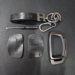 Hyundai Alcazar/Creta/i20 (4 Button Key) Metal Alloy Leather Keycase with Holder & Rope Chain