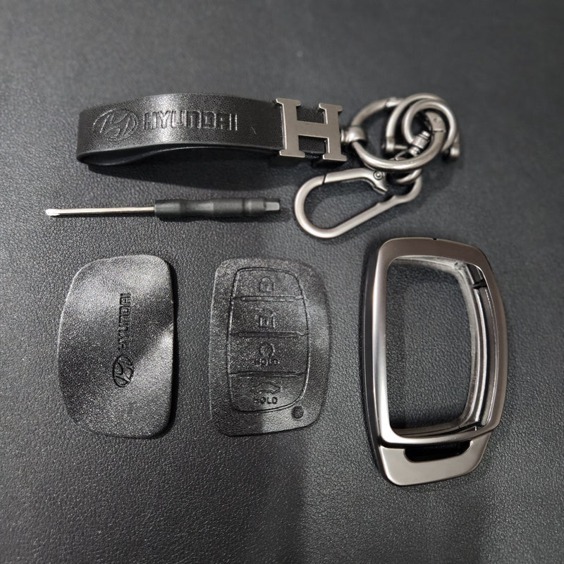 Hyundai Alcazar/Creta/i20 (4 Button Key) Metal Alloy Leather Keycase with Holder & Rope Chain