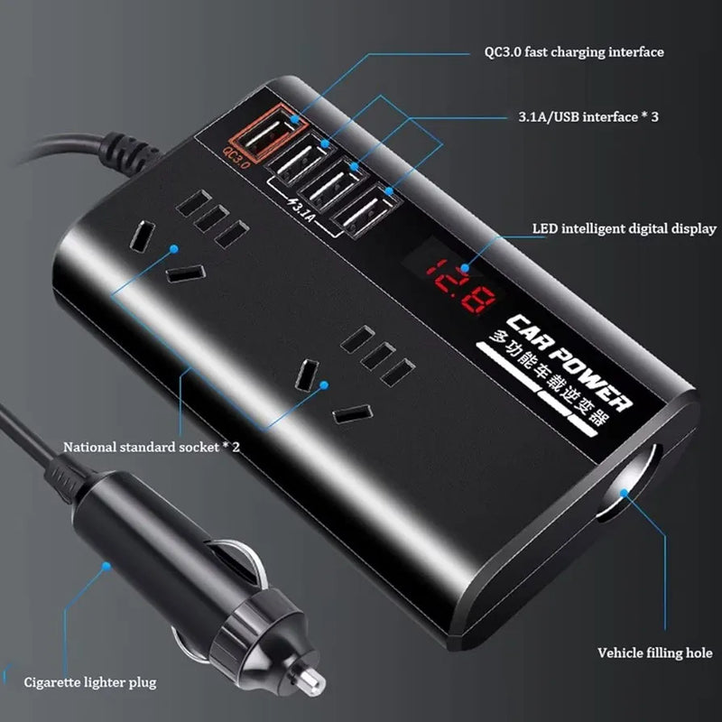 200W On-Board Power Inverter 12/24DC to 110-220V On-Board Inverter 4 USB Ports, with Switch and LED Display