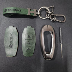 Suzuki 3 Button Key (Ciaz, Baleno, Brezza, S Cross, Ignis) Luxury Metal Alloy Leather Keycase with Holder & Rope Chain