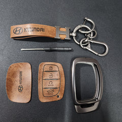 Hyundai Alcazar/Creta/i20 (4 Button Key) Metal Alloy Leather Keycase with Holder & Rope Chain