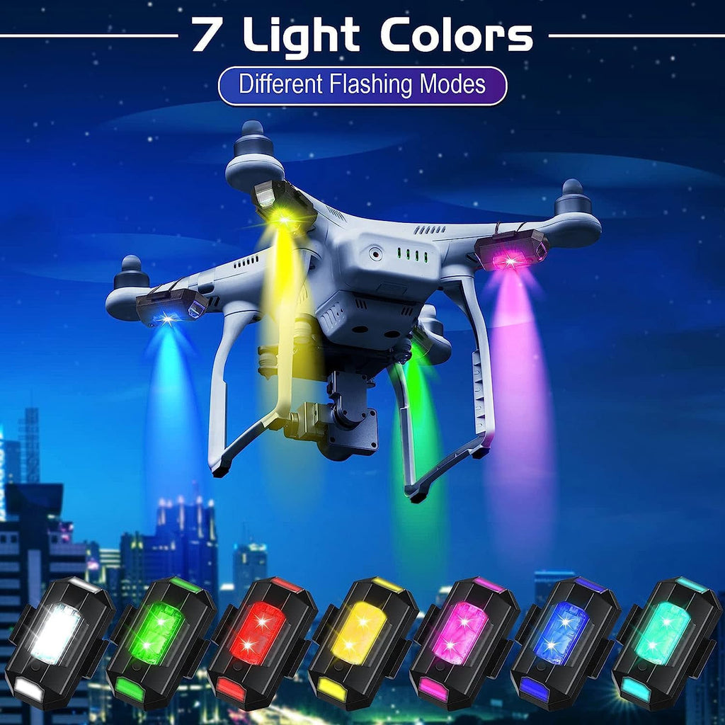 Universal Safety Signal 7 Colours Mini USB Rechargeable Strobe Drone Lights Anti-collision LED for Helmet Bicycle Motorcycle Car (Set of 4 Pcs)