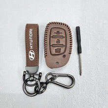 Load image into Gallery viewer, Hyundai Creta/i20/Aura/i10 3 Button Key Luxury Handmade Oilwax Leather Keycase with Logo, Caption, Hook, and Chain