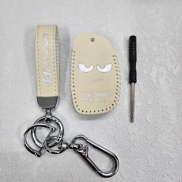 Hyundai Alcazar/Creta/i20 4 Button Key Luxury Pure Handmade Oilwax Leather Keycase with Logo, Caption, Hook, and Chain
