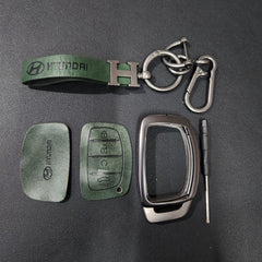 Hyundai Alcazar/Creta/i20 (4 Button Key) Metal Alloy Leather Keycase with Holder & Rope Chain