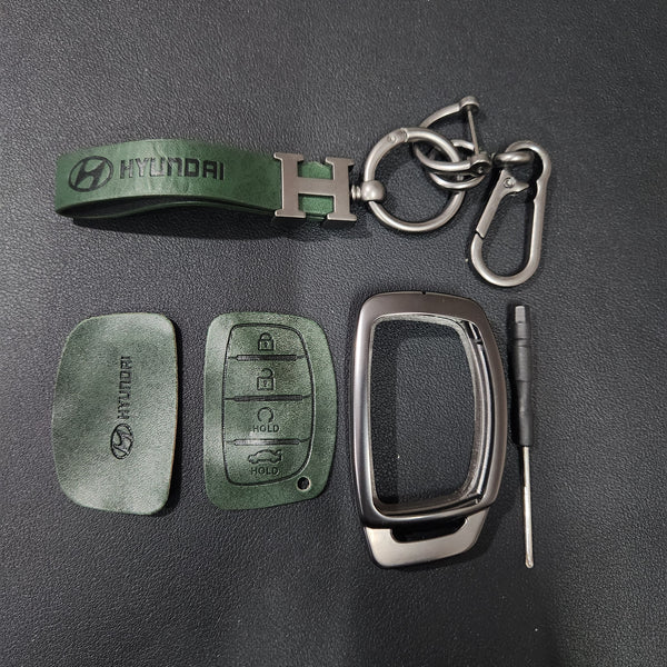 Hyundai Alcazar/Creta/i20 (4 Button Key) Metal Alloy Leather Keycase with Holder & Rope Chain