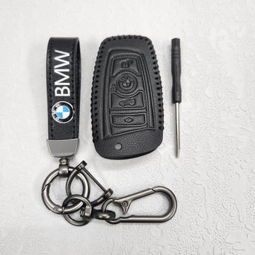 BMW Old Key Luxury Pure Handmade Oilwax Leather Keycase with Logo, Caption, Hook, and Chain