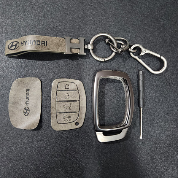 Hyundai Creta/Venue/i20 (4 Button Key) Metal Alloy Leather Keycase with Holder & Rope Chain