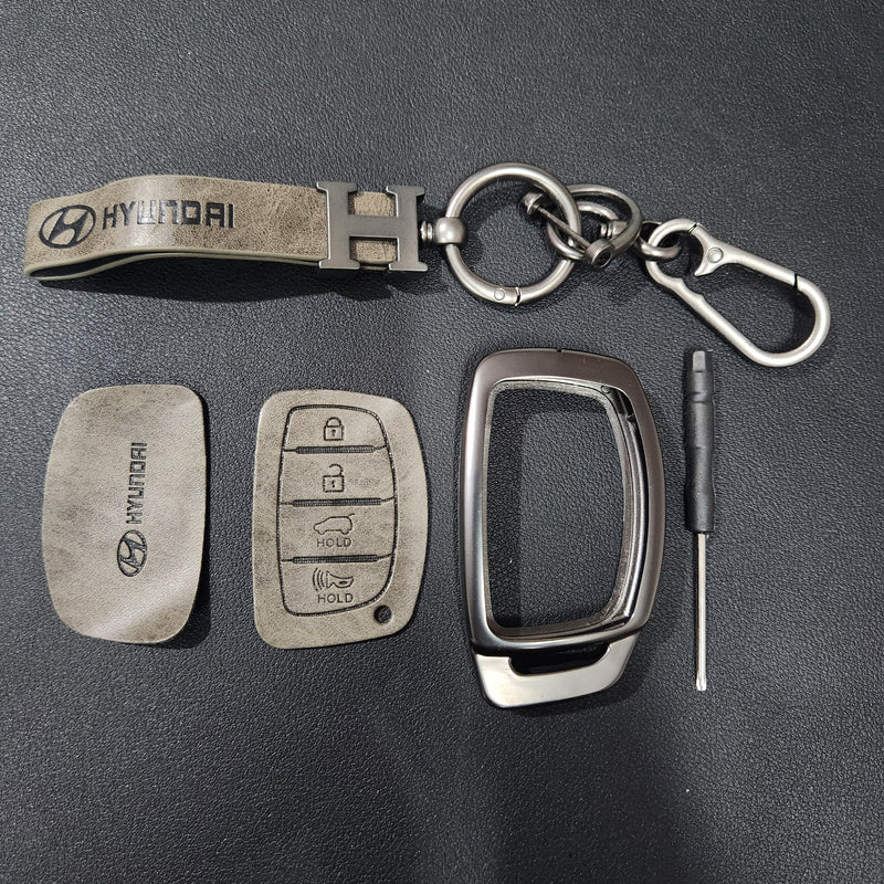 Hyundai Creta/Venue/i20 (4 Button Key) Metal Alloy Leather Keycase with Holder & Rope Chain