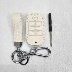 Kia Seltos/Sonet 4 Button Key Luxury Pure Handmade Oilwax Leather Keycase with Logo, Caption, Hook, and Chain