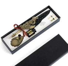 Load image into Gallery viewer, Vintage Carving Glittering Quill Pen Set Antique Calligraphy set Writing Dip Pen with Black Ink, 2 Replacement Nibs, Pen Stand Base, Luxury Signature Pen.
