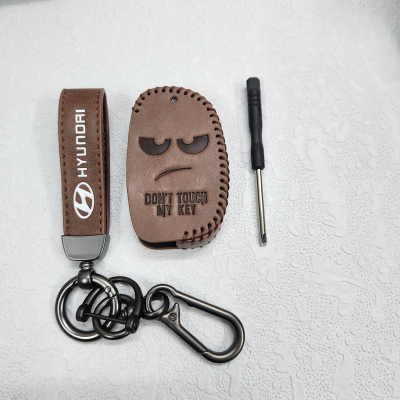Hyundai i20/Creta Flip Key Luxury Pure Handmade Oilwax Leather Keycase with Logo, Caption, Hook, and Chain