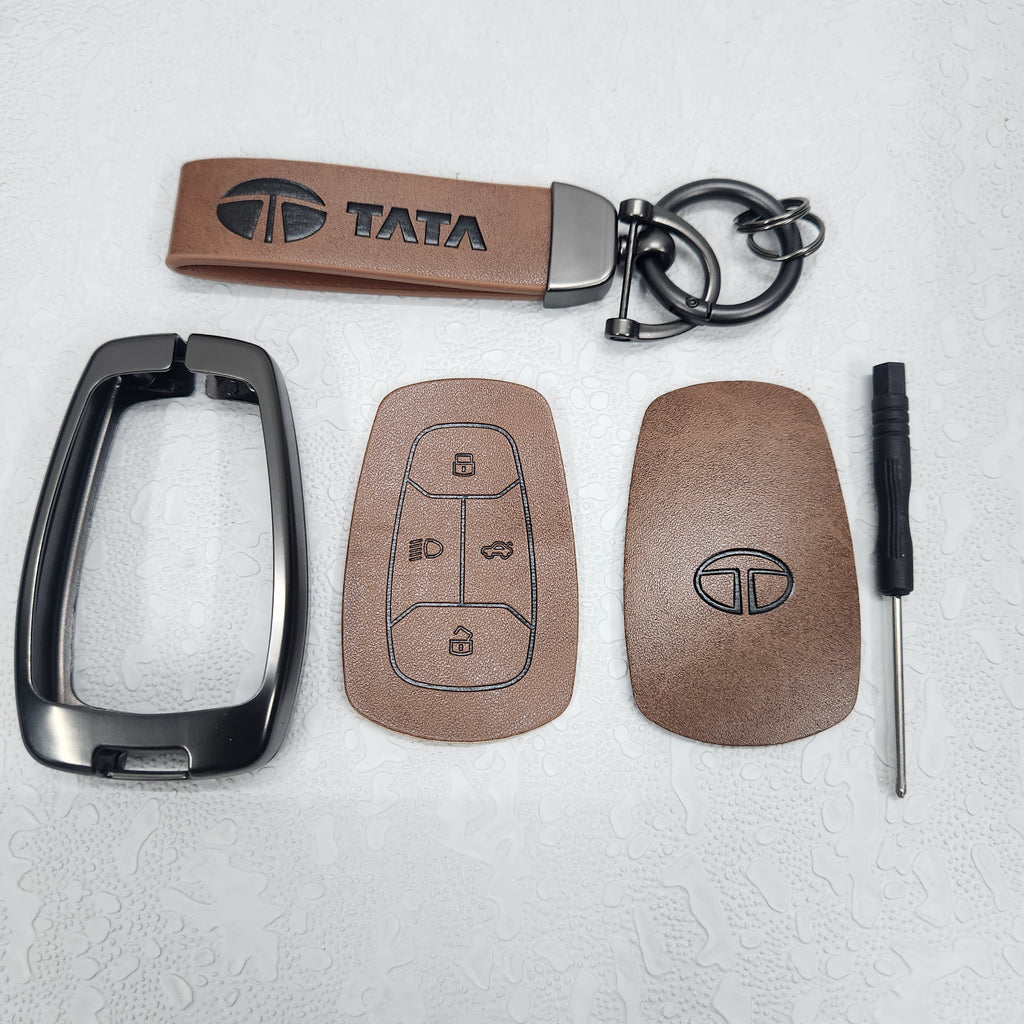 Tata Harrier/Nexon/Safari New Key Luxury Metal Alloy Leather Keycase with Holder & Rope Chain