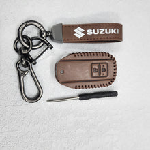 Load image into Gallery viewer, Suzuki Swift/Baleno/Ignis/Scross 2 Button Key Luxury Pure Handmade Oilwax Leather Keycase with Logo, Caption, Hook, and Chain