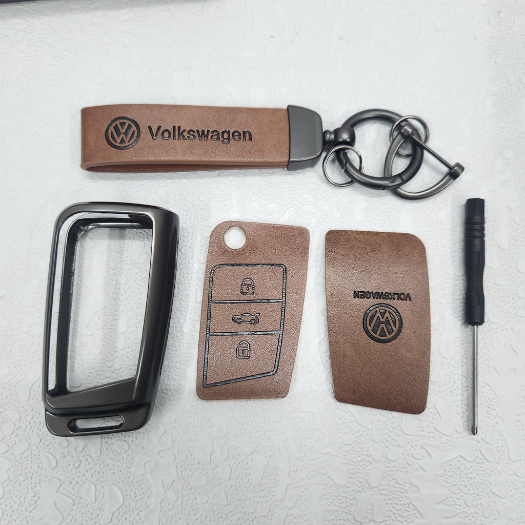 Volkswagen New Flip Key Metal Alloy Leather Keycase with Holder & Rope Chain