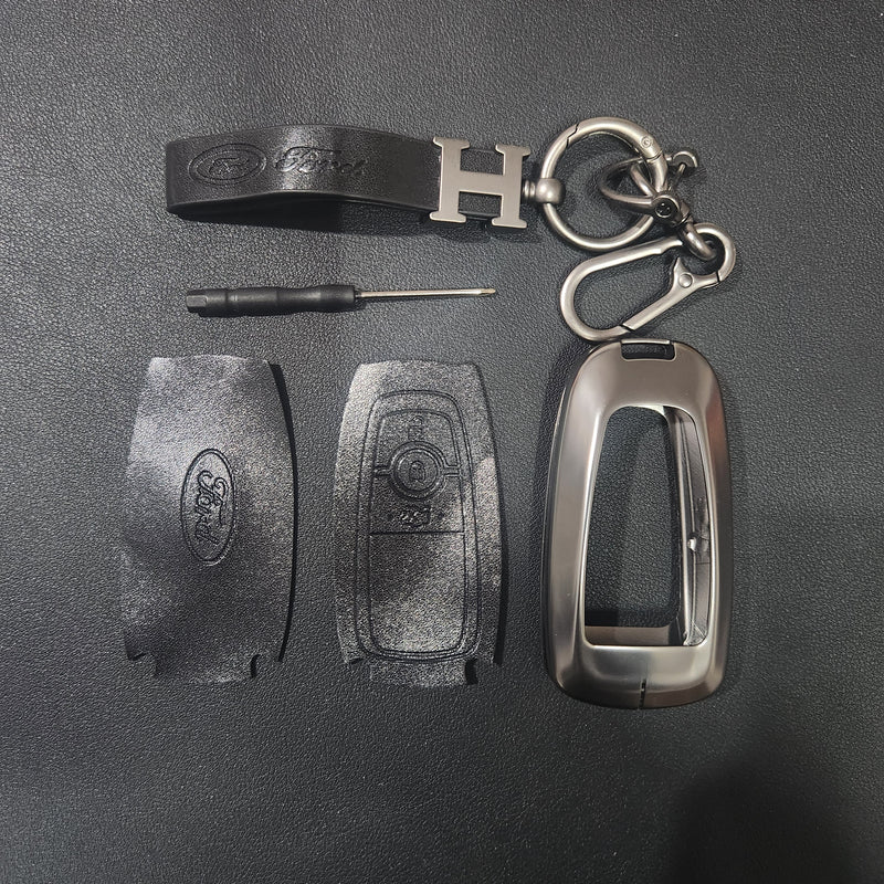 Ford (3 Button) New Key Luxury Metal Alloy Leather Keycase with Holder & Rope Chain