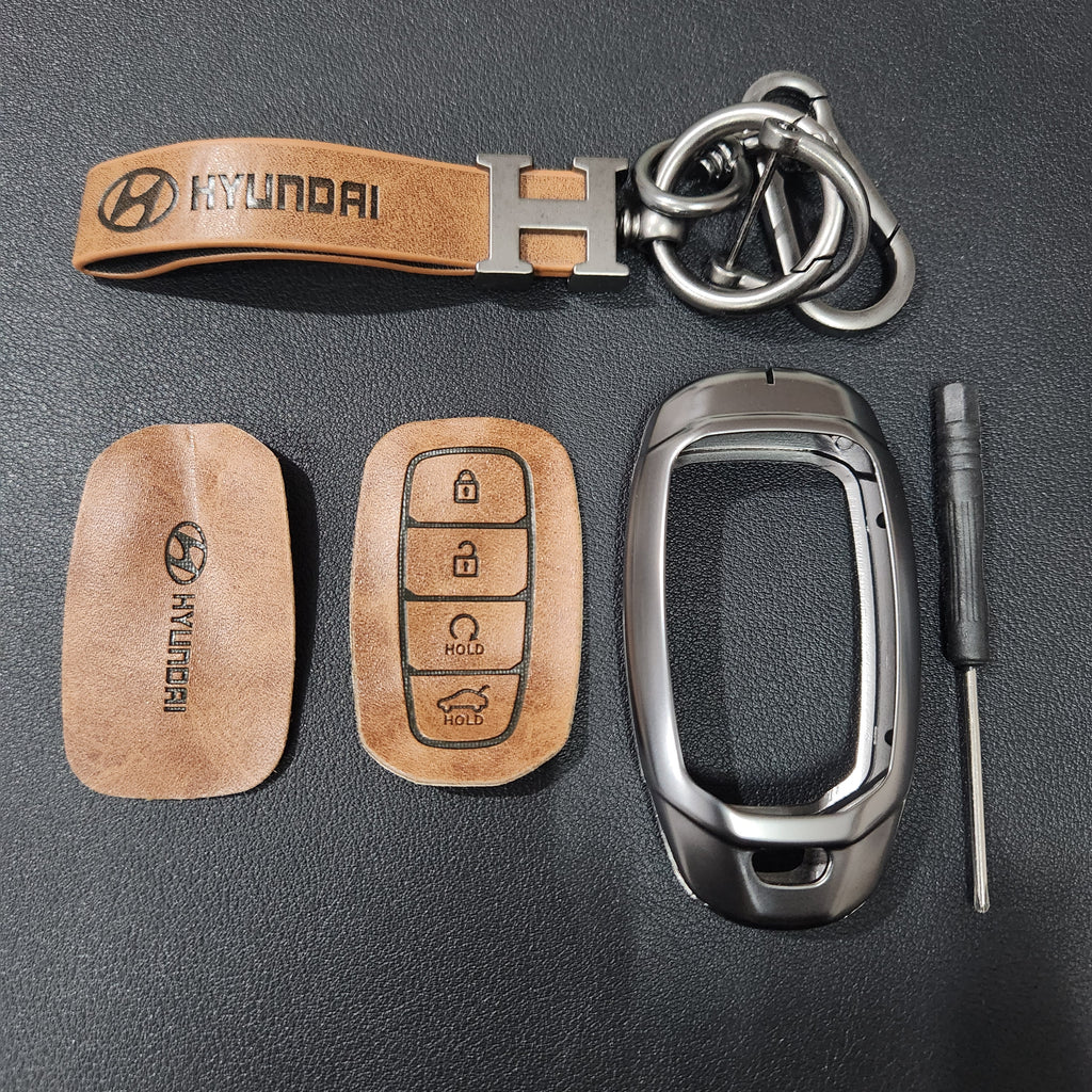 Hyundai Verna (4 Button) Key Luxury Metal Alloy Leather Keycase with Holder & Rope Chain