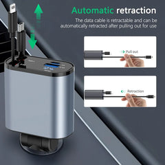 5in1 Fast USB C Car Charger 120W with Dual Retractable Cable Dual USB Ports, Voltage Display Car Charger