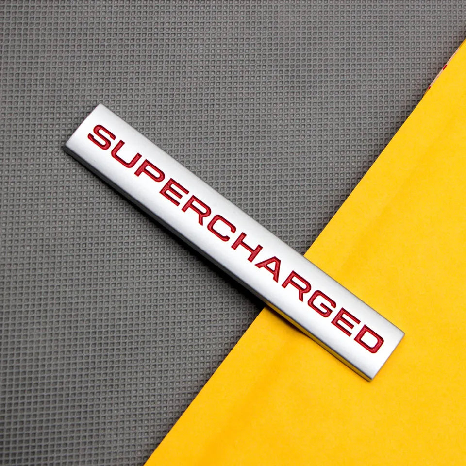 3D Supercharged Logo Metal Sticker Decal Grey/Red (11 x 2 cm)