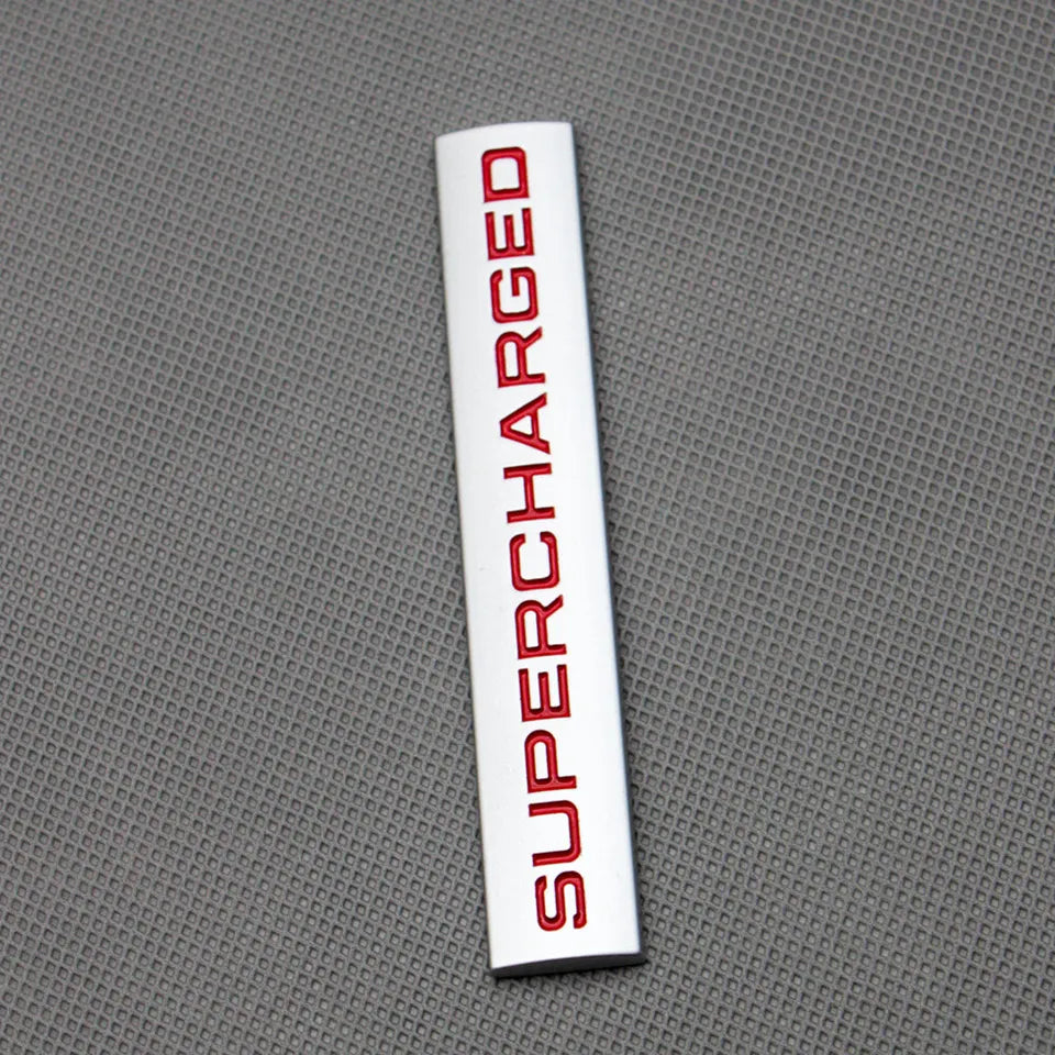 3D Supercharged Logo Metal Sticker Decal Grey/Red (11 x 2 cm)