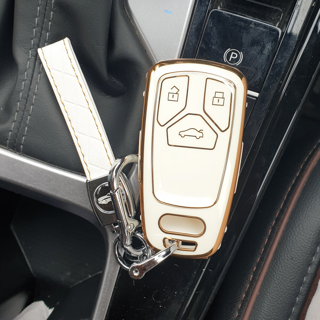 Audi Premium TPU Leather Keycase (New Key) with Holder & Rope Chain