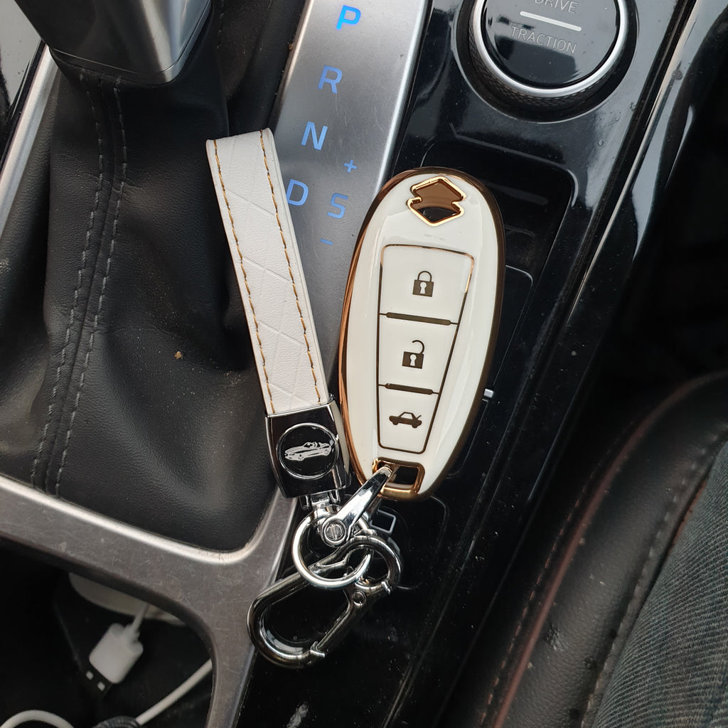 Suzuki 3 Button Key (Ciaz, Baleno, Brezza, S Cross, Ignis) Premium TPU Leather Keycase with Holder & Rope Chain