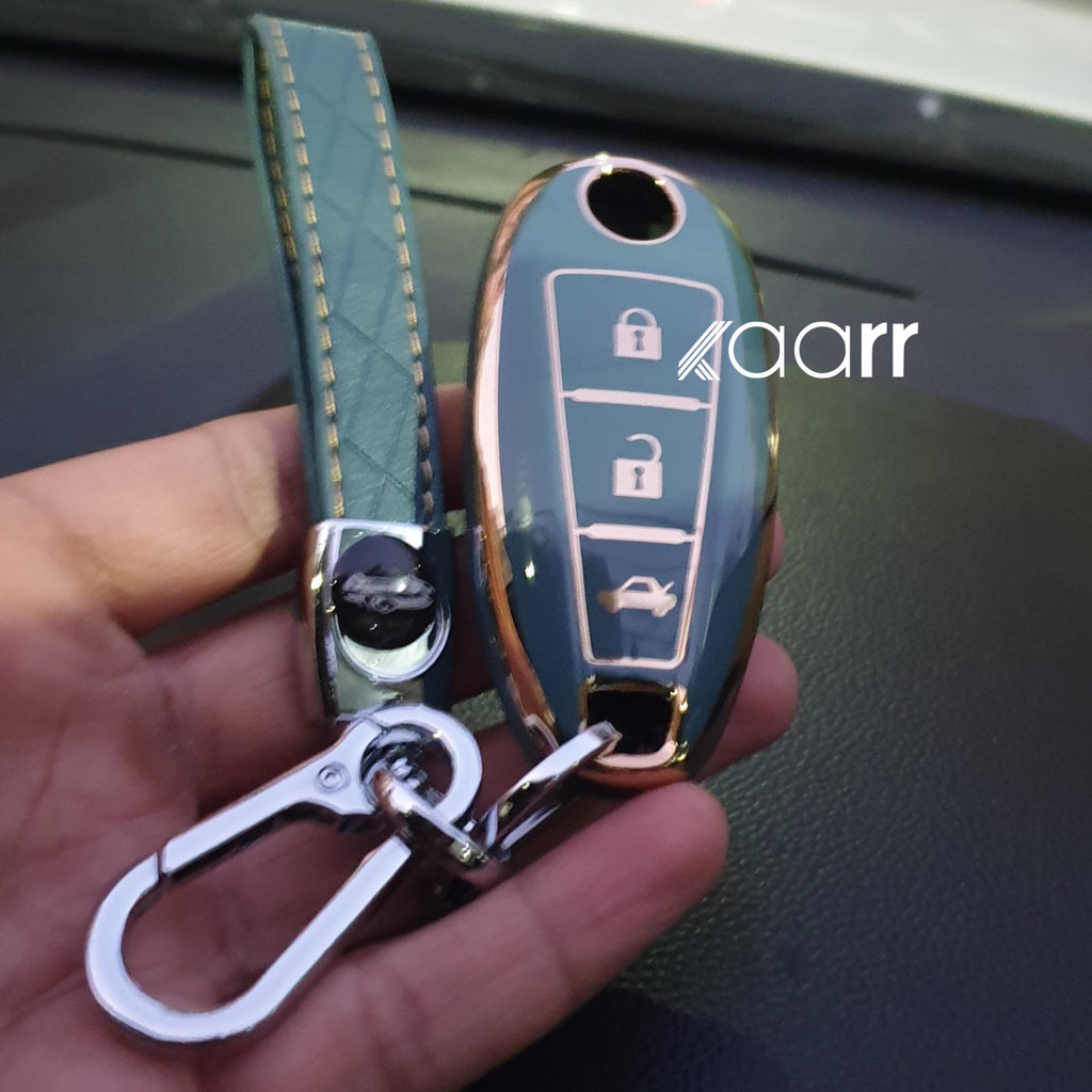 Suzuki 3 Button Key (Ciaz, Baleno, Brezza, S Cross, Ignis) Premium TPU Leather Keycase with Holder & Rope Chain