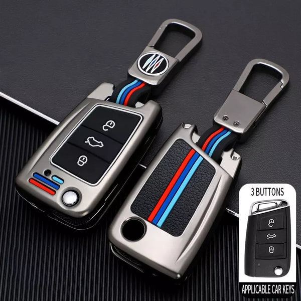Skoda New FLip Key Premium Metal Alloy Keycase with Holder & Rope Chain